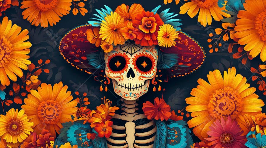 Calavera mexicana ornamentada com flores vibrantes para Dia dos Mortos