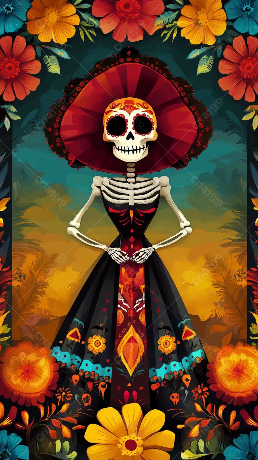 Caveira mexicana Catrina com traje festivo e flores coloridas para Dia dos Mortos