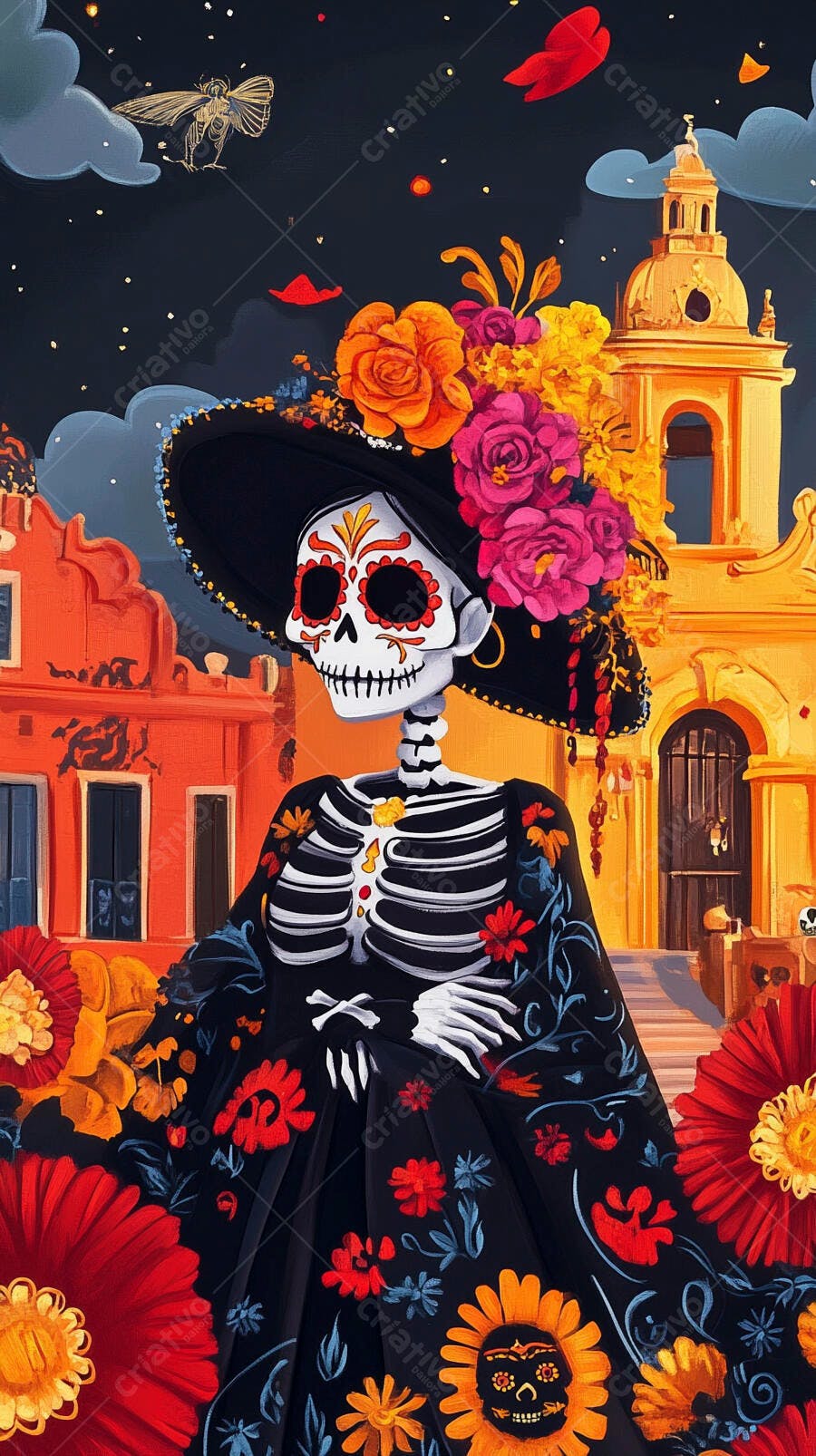 Calavera Catrina com chapéu florido e vestido tradicional em celebração mexicana noturna