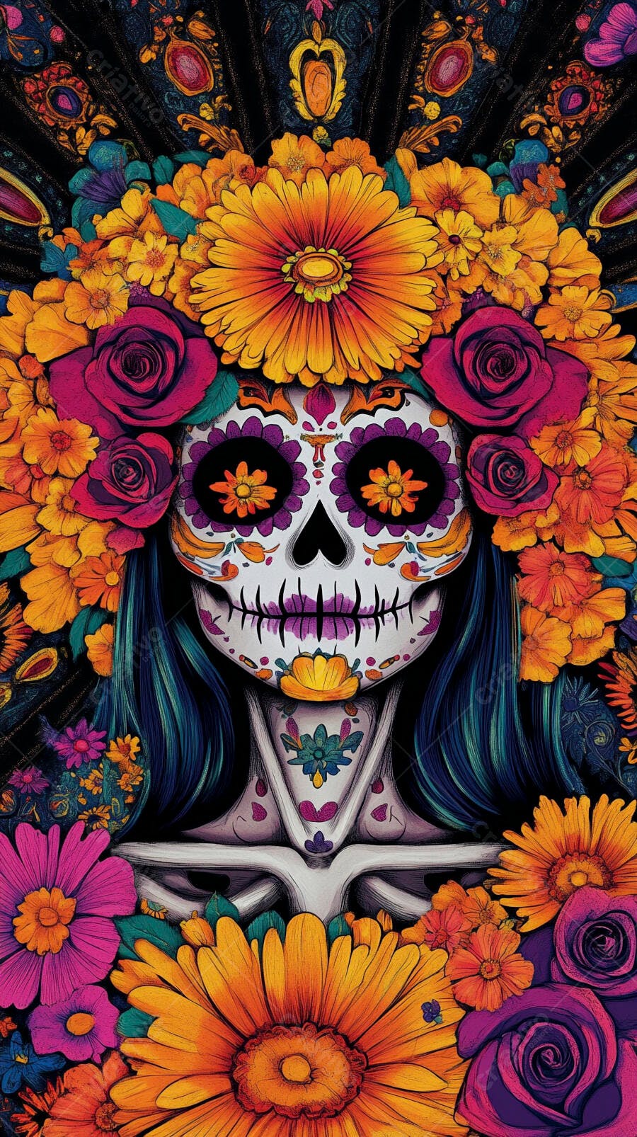 Calavera Catrina decorada com flores vibrantes para o Dia dos Mortos