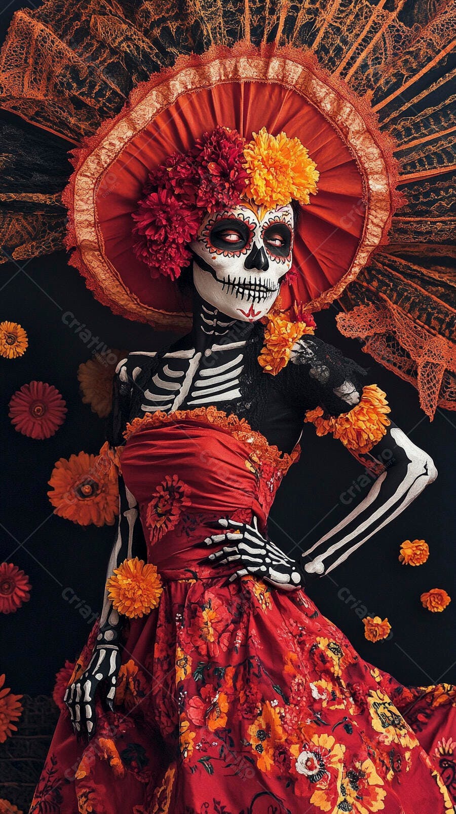 Mulher Catrina com maquiagem de caveira e vestido floral para Dia de Muertos