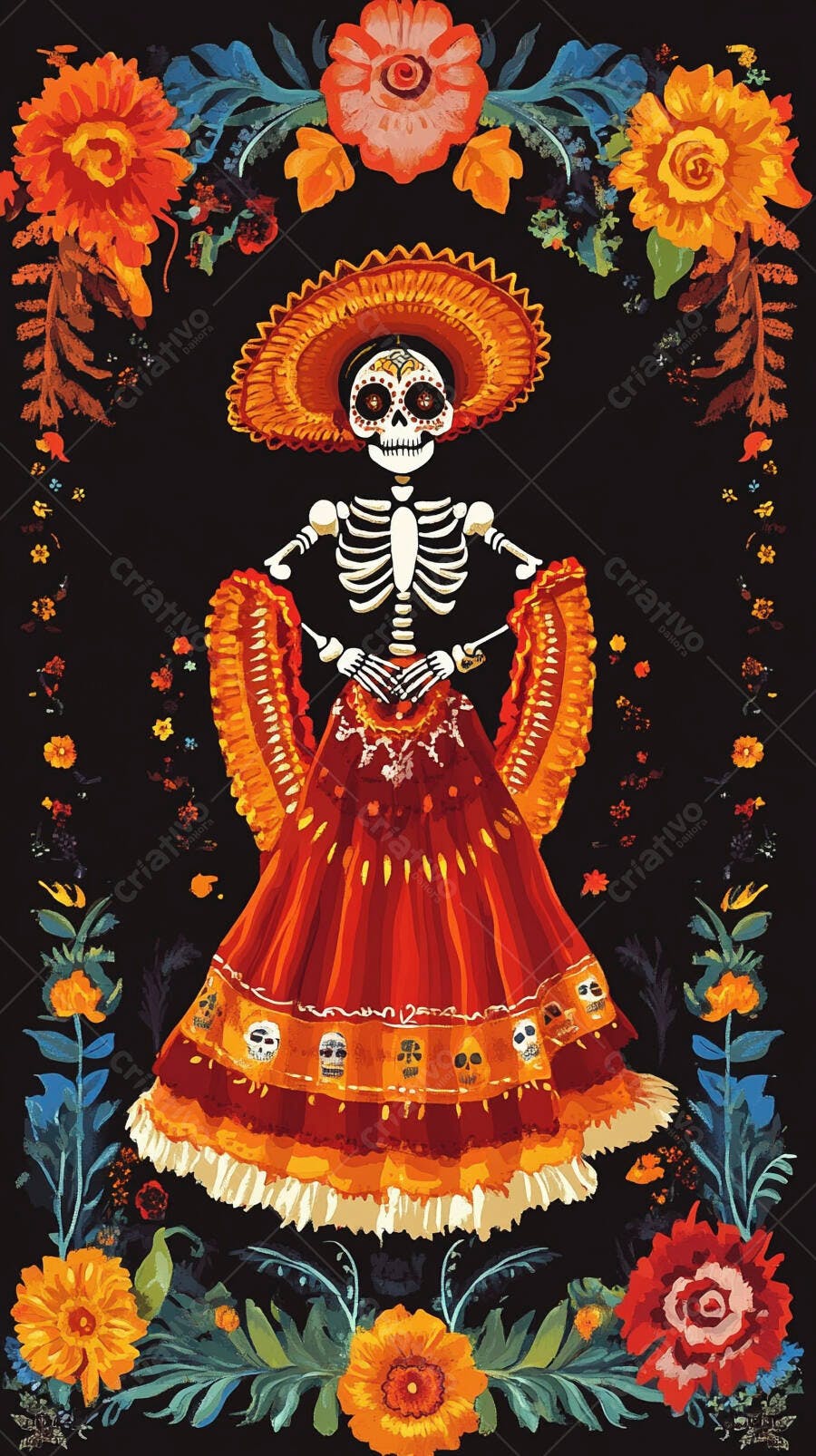 Ilustração Catrina mexicana com vestido vermelho flores do Dia dos Mortos