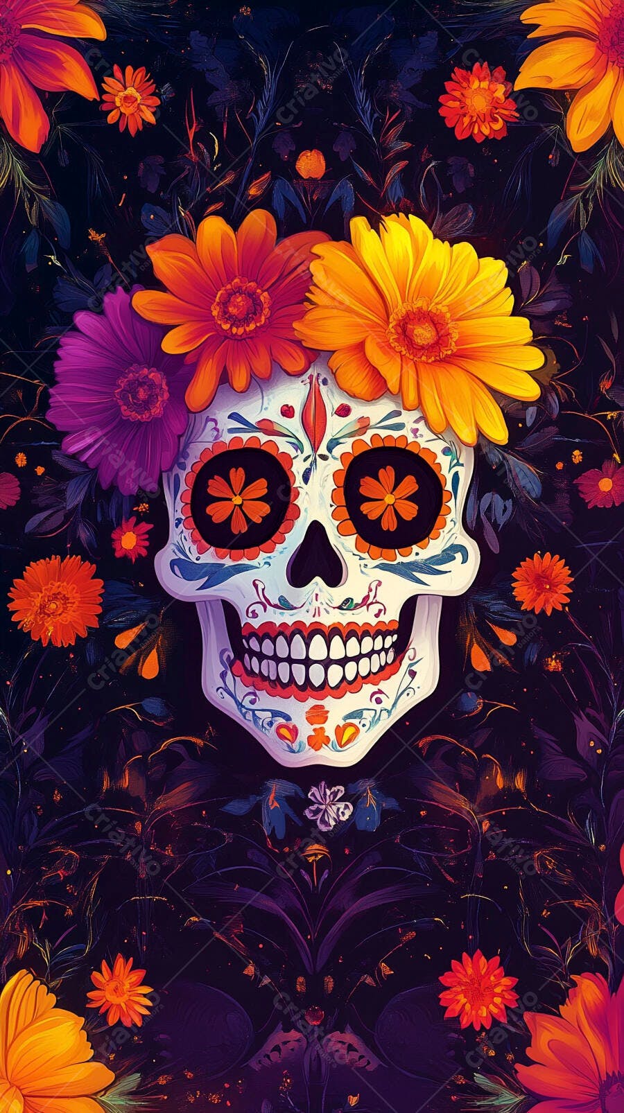 Calavera mexicana colorida com flores vibrantes e fundo floral escuro