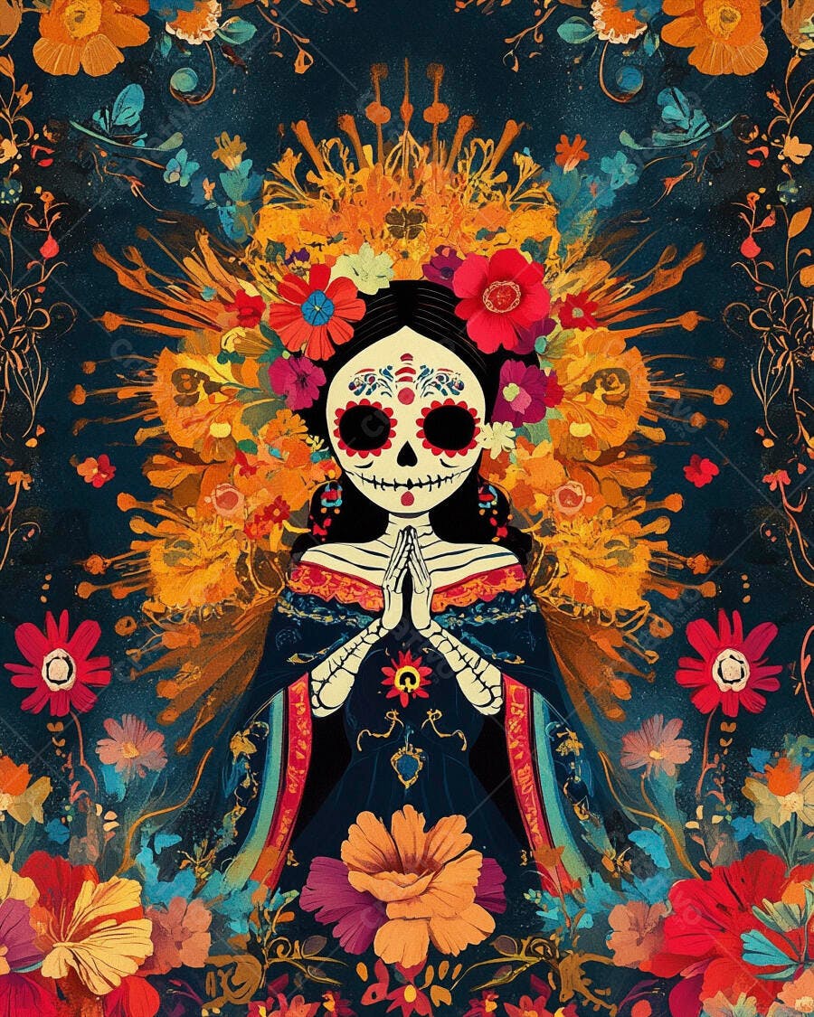 Catrina mexicana com coroa floral vibrante em celebração do Dia dos Mortos