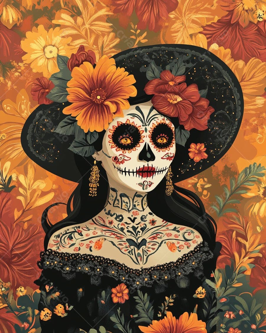 Mulher Calavera maquiagem caveira mexicana chapéu floral tatuagens vibrantes Dia dos Mortos
