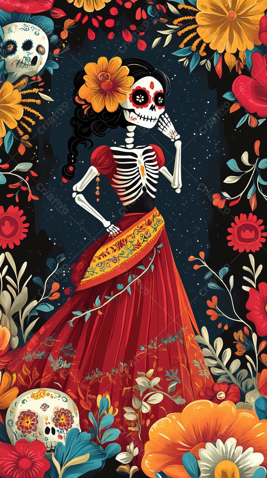 Catrina esqueleto festiva em vestido vermelho com flores vibrantes Dia dos Mortos