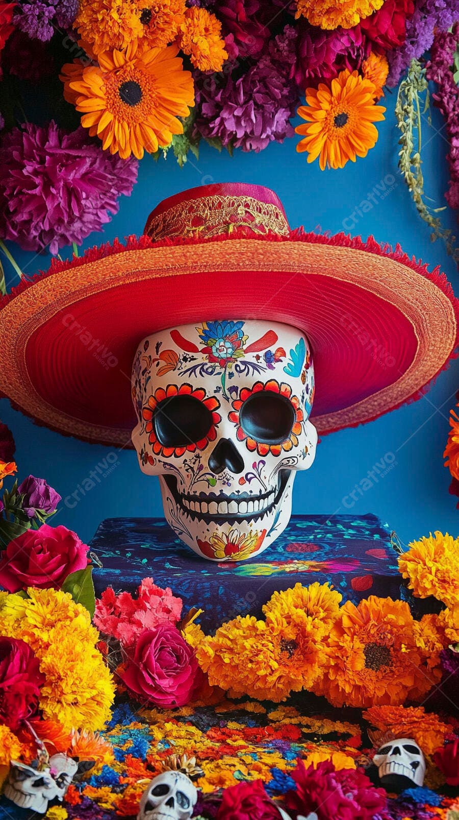 Calavera mexicana decorada com sombrero e flores vibrantes Dia dos Mortos