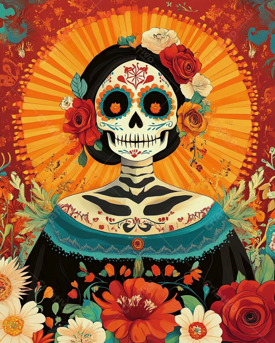Catrina colorida Dia de Muertos com flores vibrantes e fundo floral