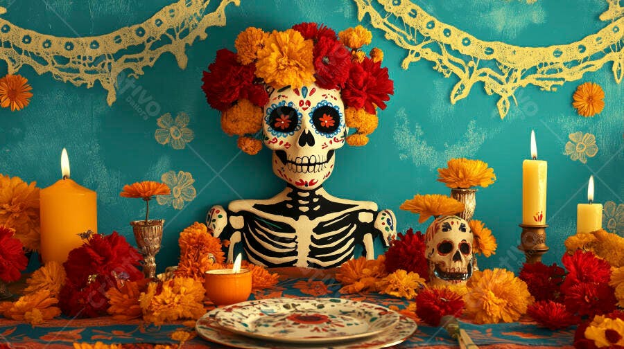 Calavera Mexicana e flores vibrantes em altar de Dia dos Mortos