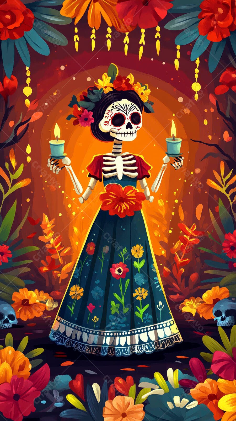Calavera Catrina mexicana com velas em celebração Dia dos Mortos