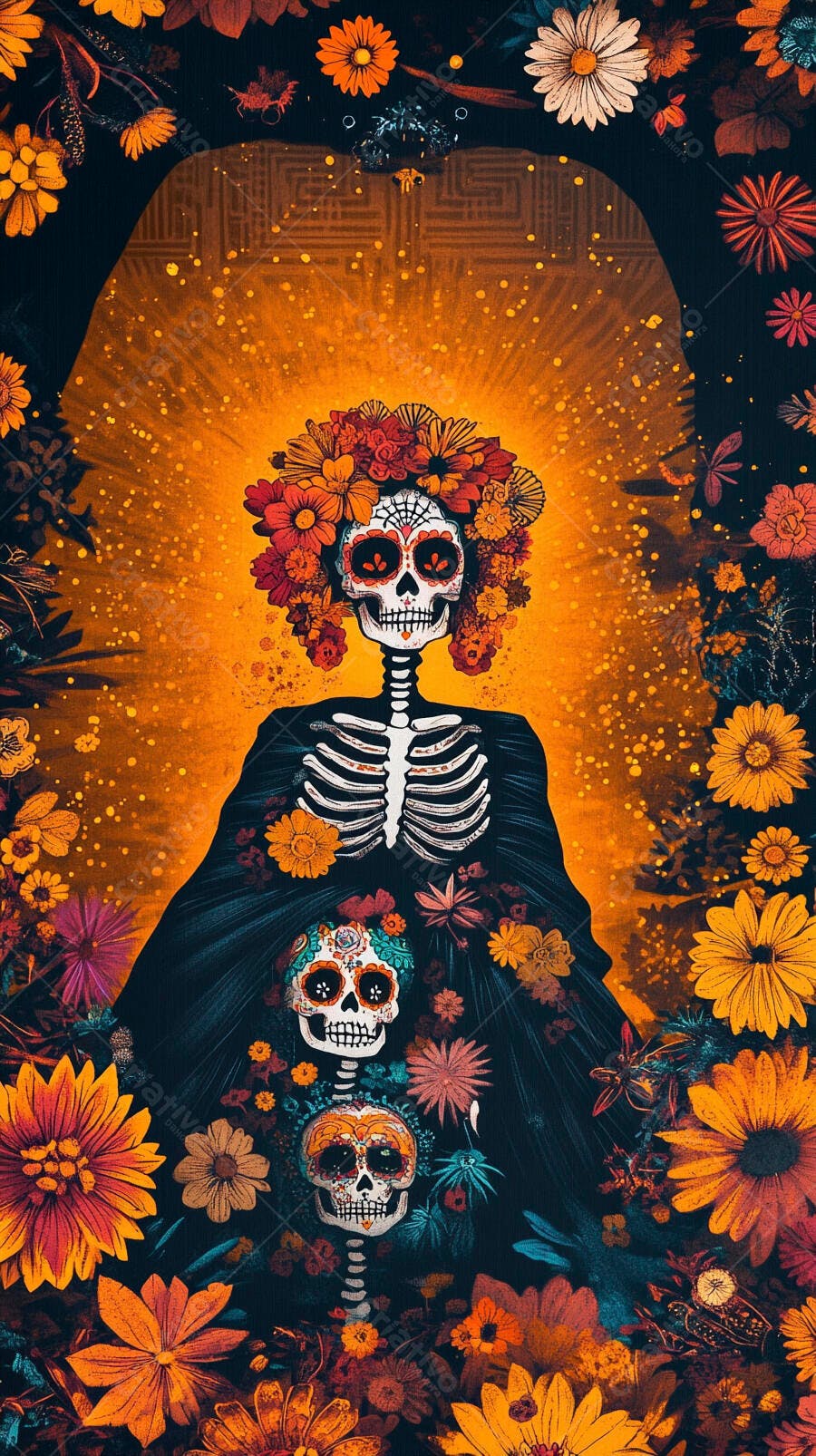 Catrina caveira mexicana decorada com flores coloridas para o Dia dos Mortos