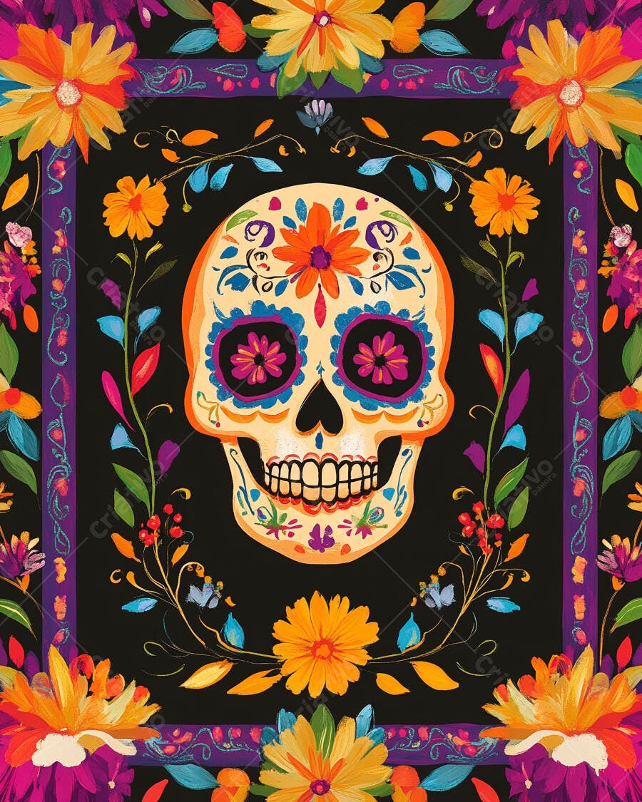Calavera decorada Dia dos Mortos com flores vibrantes e folhagens coloridas