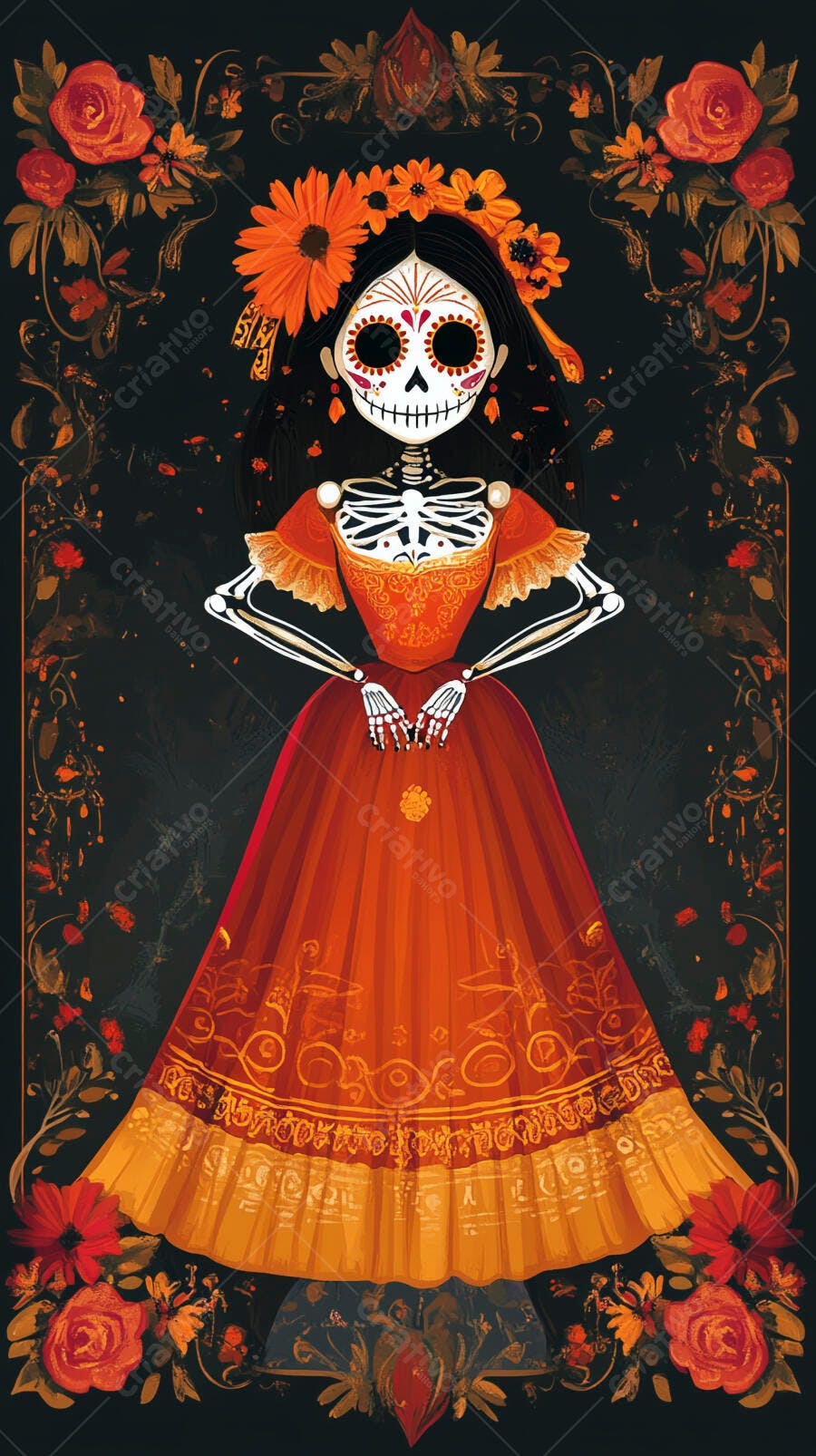 Calavera Catrina elegante em vestido vermelho e flores de cempasúchil para Dia dos Mortos
