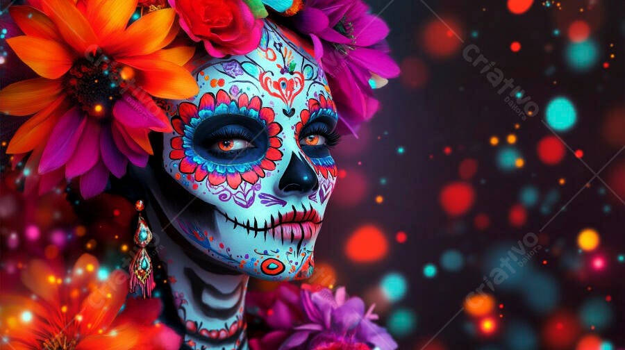 Mulher com maquiagem artística Catrina e flores vibrantes para Dia de Muertos