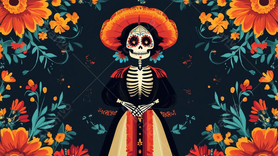 Catrina esqueleto em vestido floral Dia dos Mortos cores vibrantes