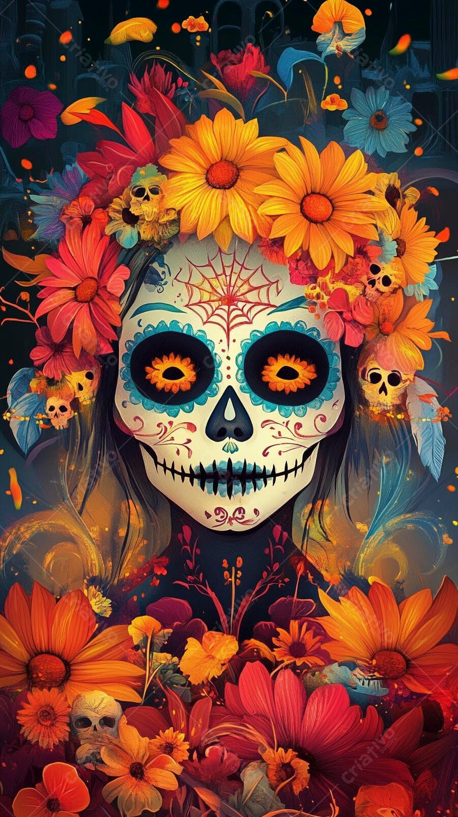 Calavera mexicana adornada com flores coloridas para o Dia dos Mortos