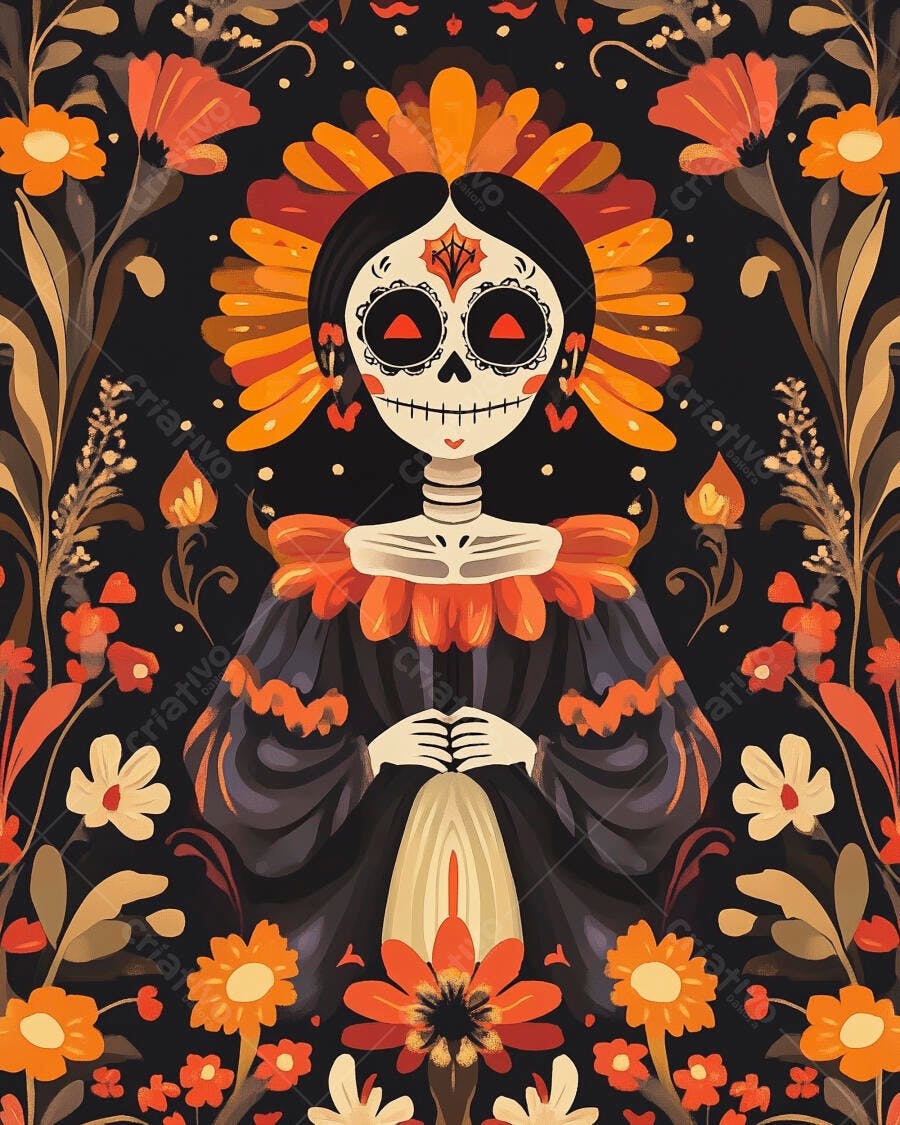 Calavera Catrina em vestido preto cercada por flores vibrantes Dia dos Mortos