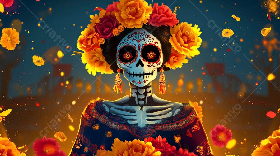 Calavera Catrina com flores vibrantes e maquiagem colorida Dia dos Mortos