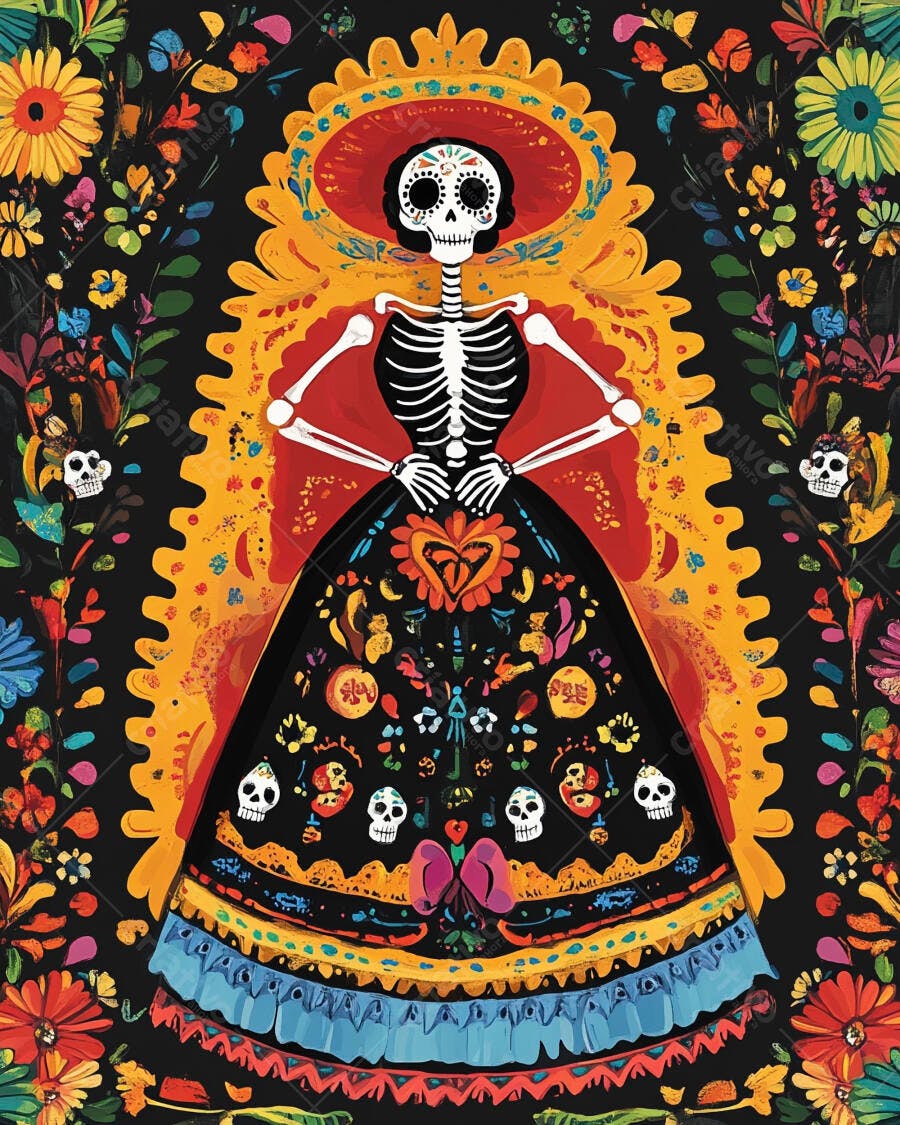 Calavera Catrina esqueleto feminino em vestido floral mexicano colorido Dia dos Mortos