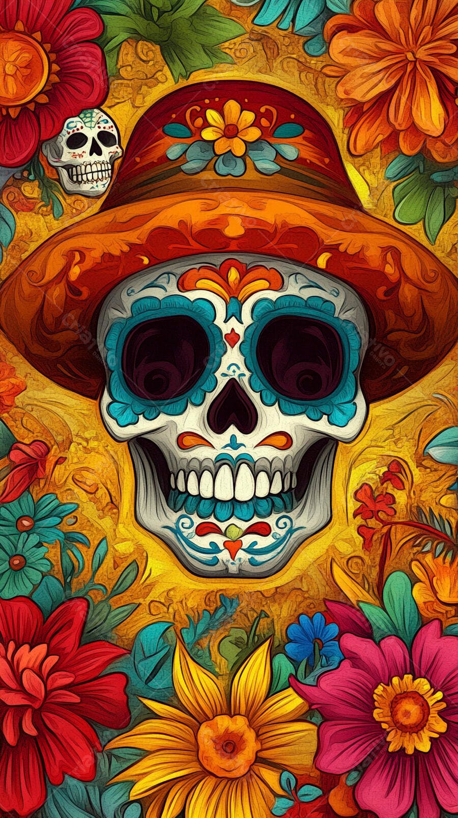 Caveira mexicana Calavera colorida com sombrero e flores vibrantes
