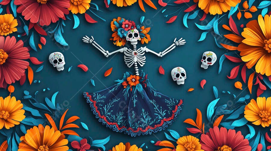 Esqueleto Catrina com flores vibrantes e calaveras em fundo azul-petróleo Dia dos Mortos