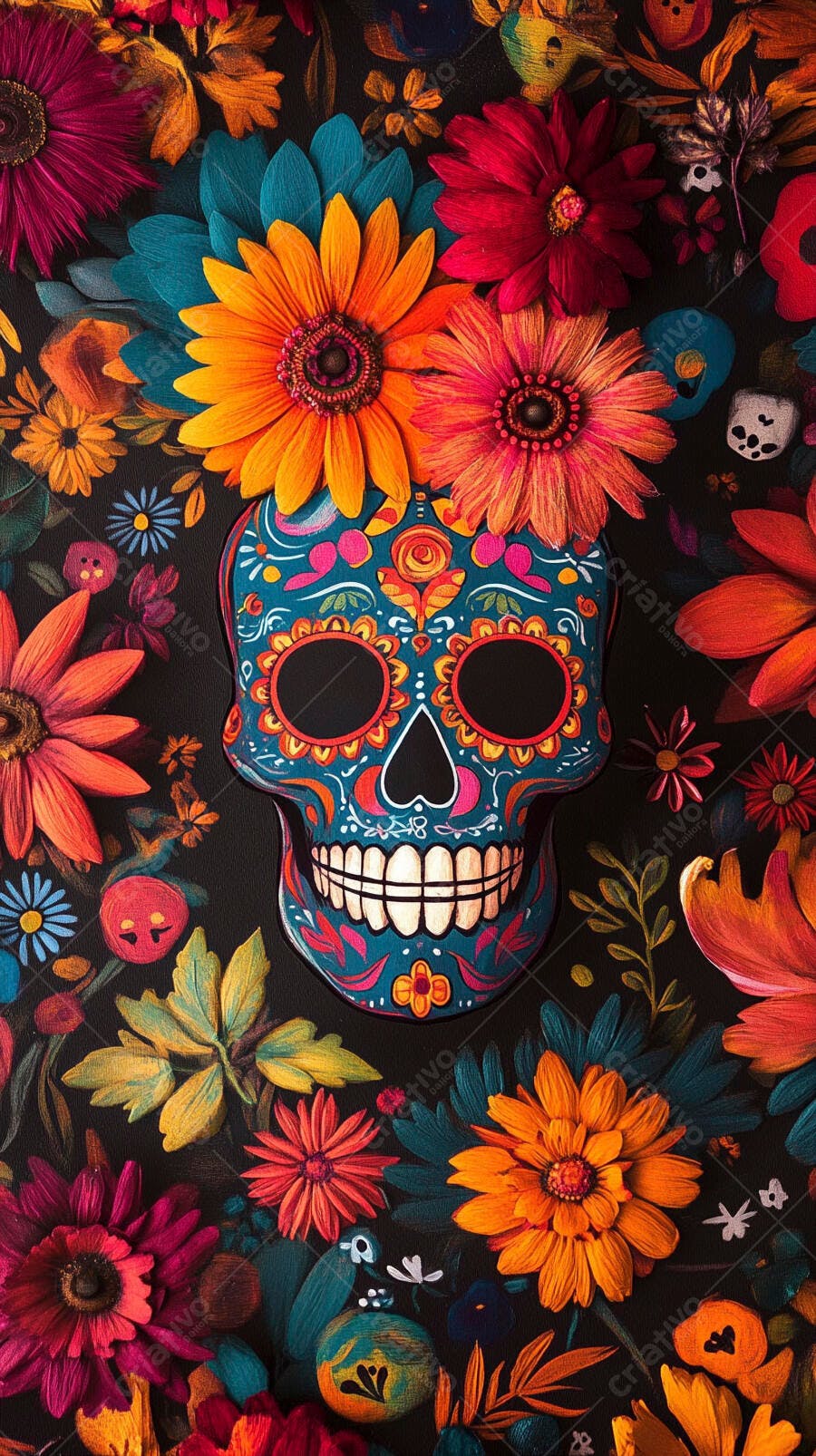 Calavera de açúcar azul vibrante com flores para o Dia dos Mortos
