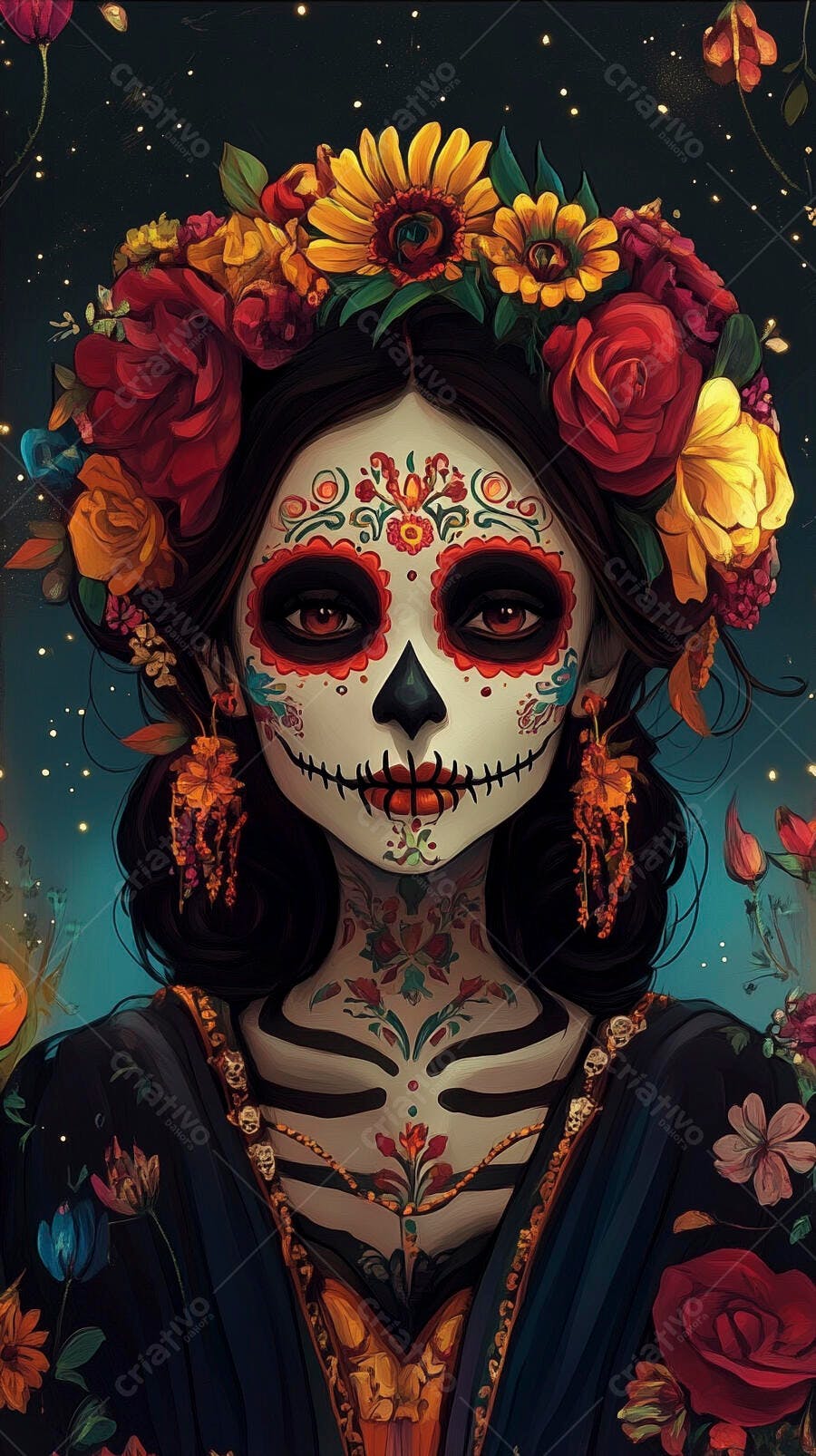 Mulher Catrina com coroa floral Dia dos Mortos