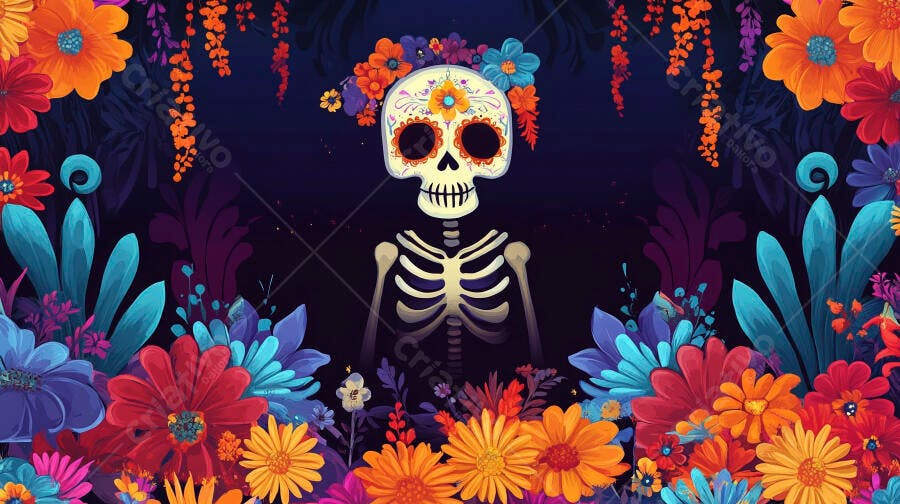 Calavera mexicana decorada com flores vibrantes para o Dia dos Mortos