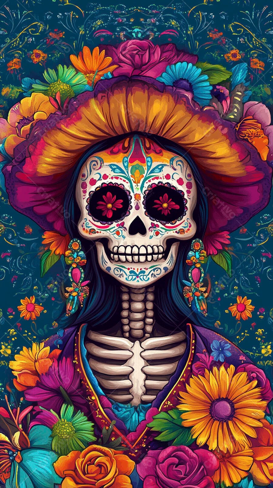 Catrina Calavera colorida com flores vibrantes e maquiagem de caveira mexicana Dia dos Mortos