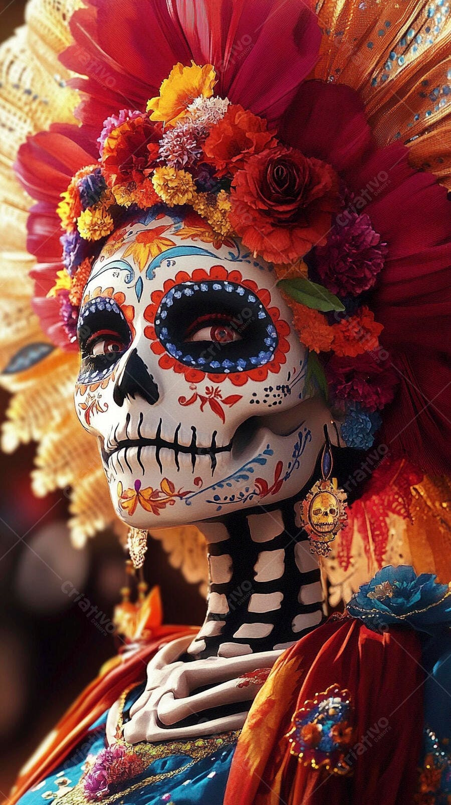 Calavera Catrina rosto pintado com flores e penas Dia de Los Muertos celebração