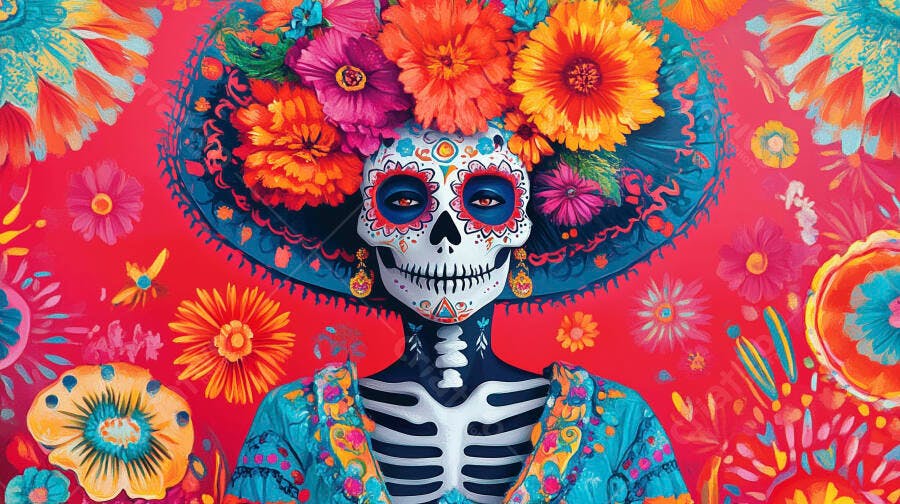 Mulher Catrina esqueleto colorida com chapéu de flores para o Dia dos Mortos