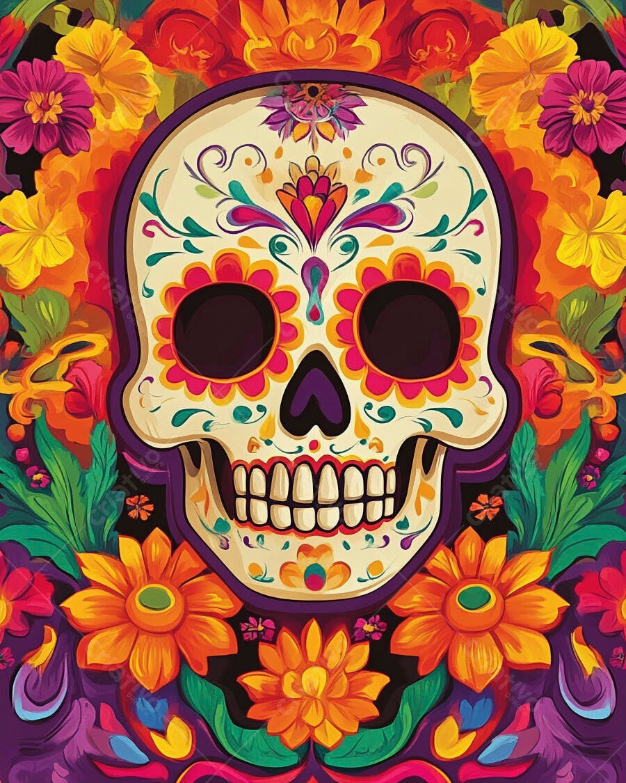 Caveira mexicana decorada com flores vibrantes e folhagens coloridas para o Dia de los Muertos