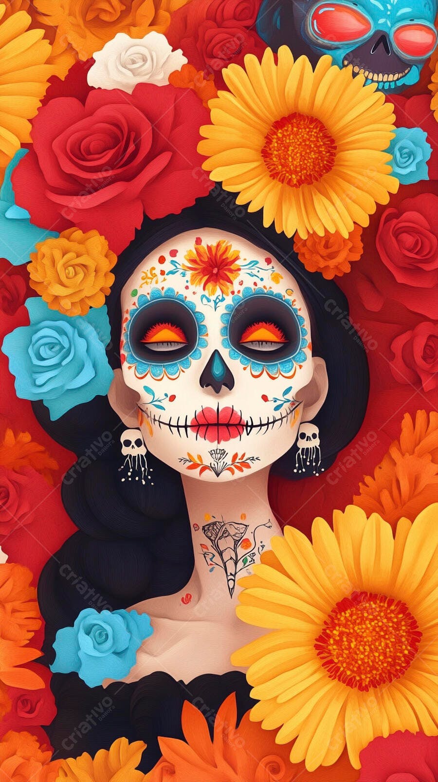Mulher com maquiagem Catrina tradicional cercada por flores coloridas Dia de los Muertos