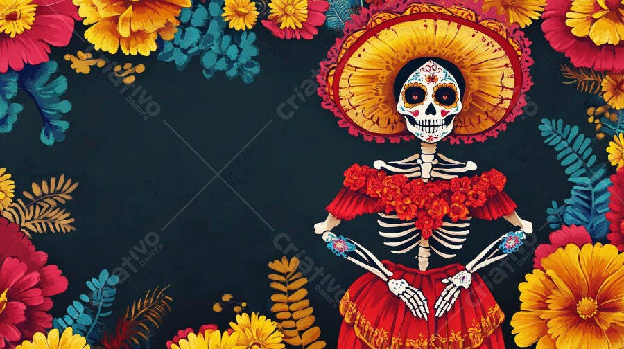 Calavera Catrina vibrante com flores coloridas e sombrero Dia dos Mortos