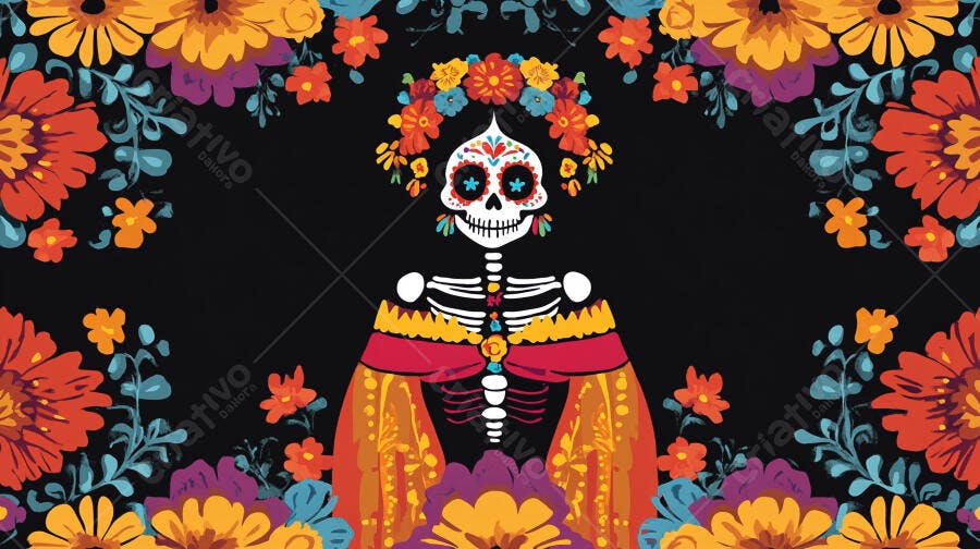 Calavera Catrina mexicana vibrante com coroa de flores Dia de los Muertos