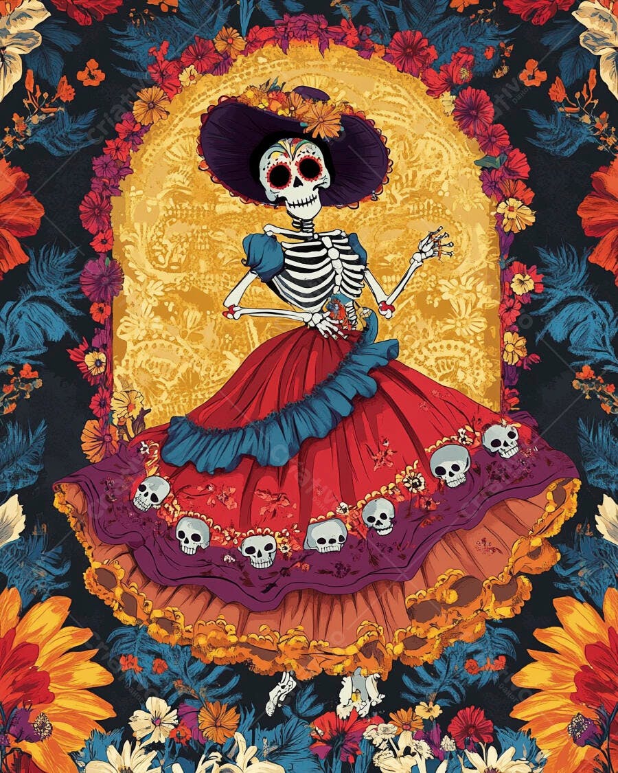 Calavera Catrina colorida com vestido floral para Dia de Muertos