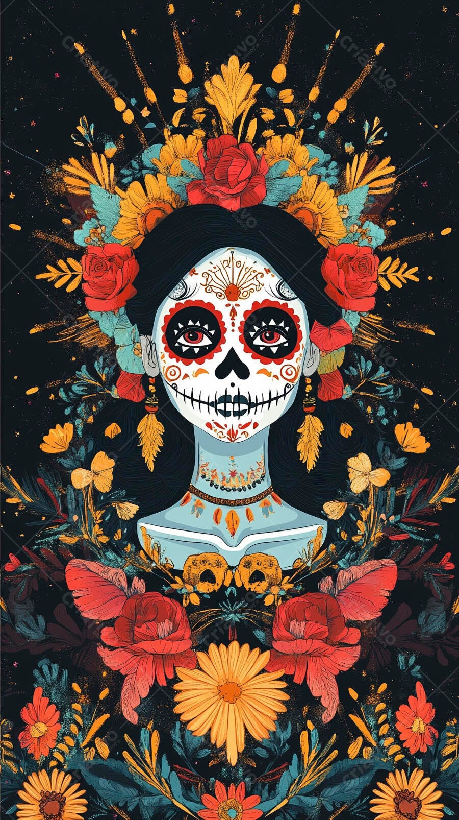Mulher calavera decorada com flores vermelhas e amarelas Dia dos Mortos