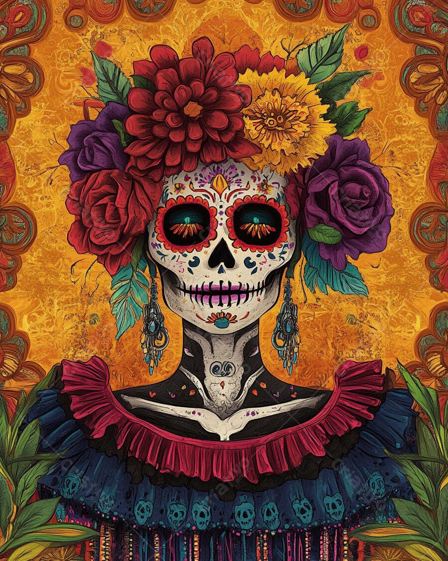 Calavera mexicana florida com maquiagem vibrante e vestido tradicional