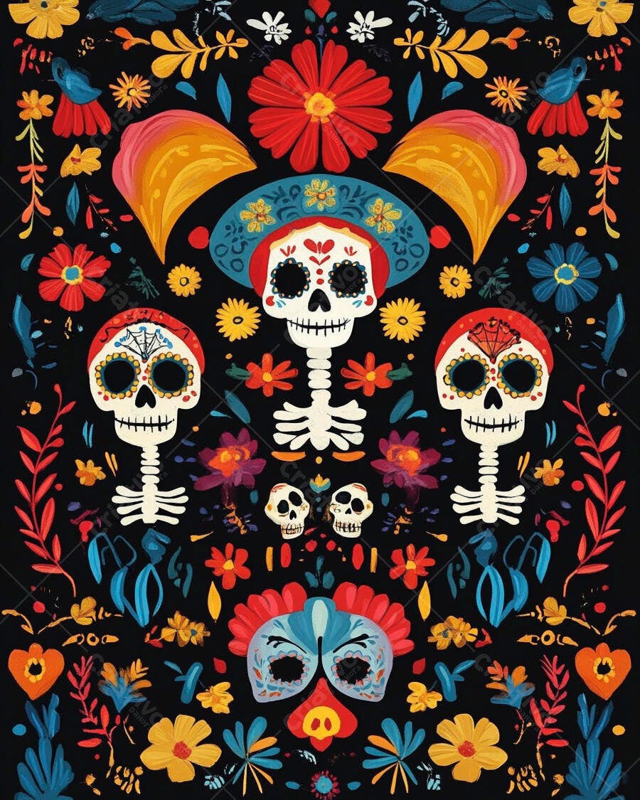 Calaveras e flores vibrantes arte tradicional mexicana Dia dos Mortos