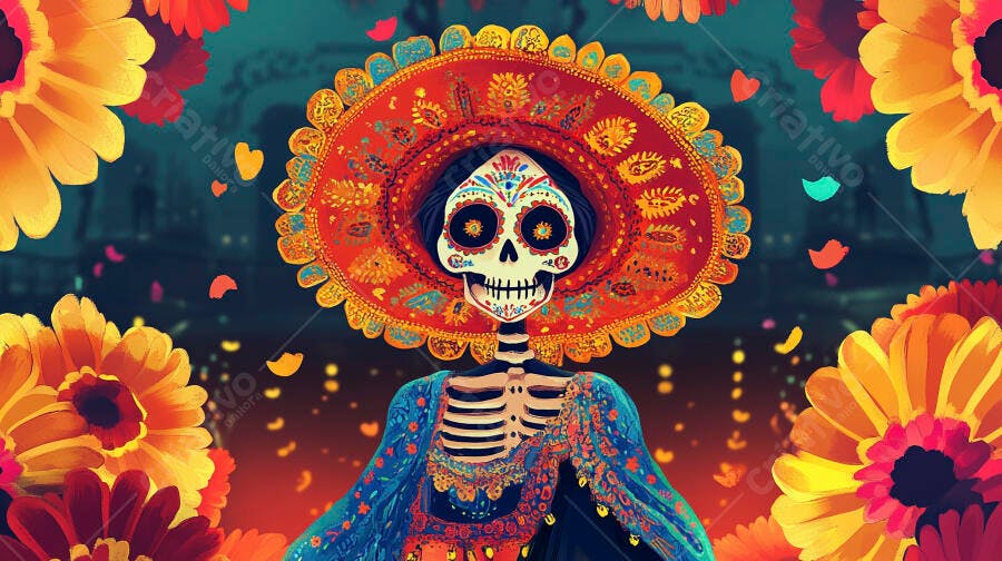 Calavera Catrina com sombrero colorido e flores vibrantes celebra Dia dos Mortos