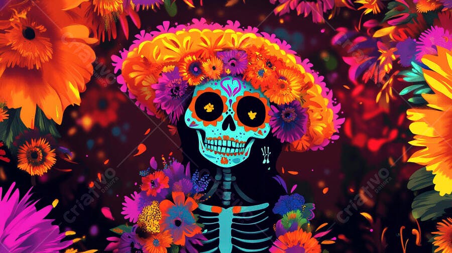 Calavera feminina colorida com coroa de flores Dia dos Mortos