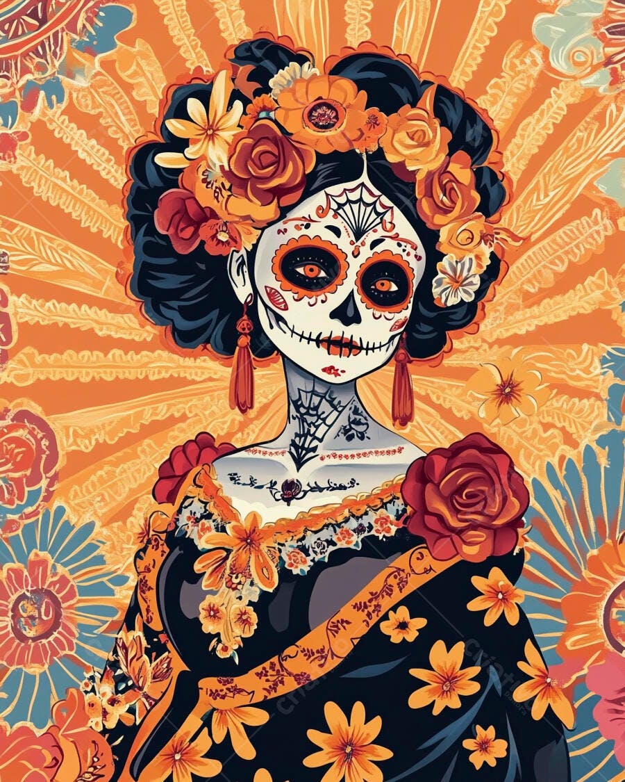 Mulher Catrina com maquiagem de caveira mexicana e flores laranjas para Dia de los Muertos