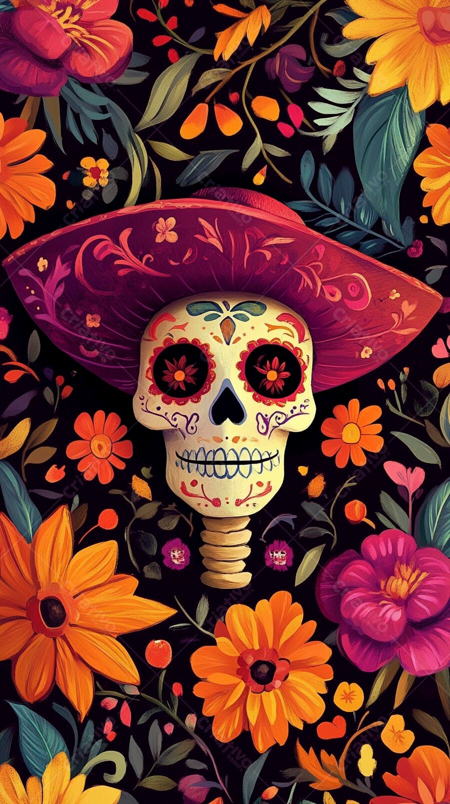 Calavera decorada com sombrero e flores vibrantes para Dia de los Muertos