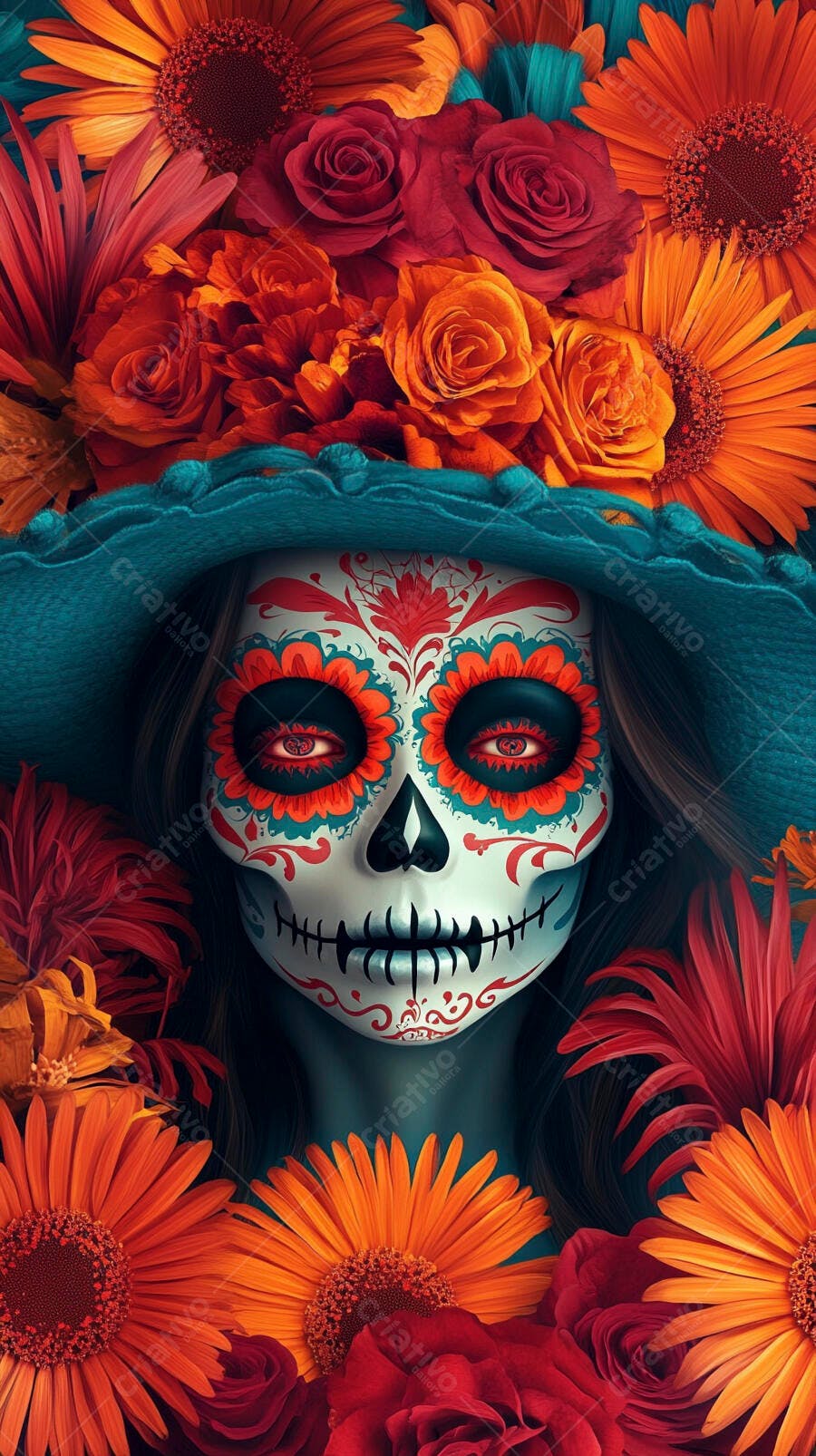 Mulher catrina maquiagem caveira mexicana chapéu azul flores vibrantes Dia dos Mortos