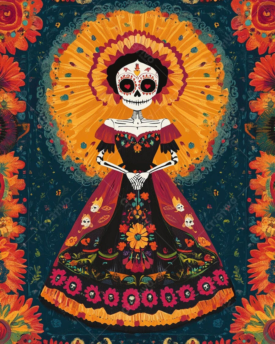 Catrina mexicana ilustrada com vestido floral colorido no Dia dos Mortos