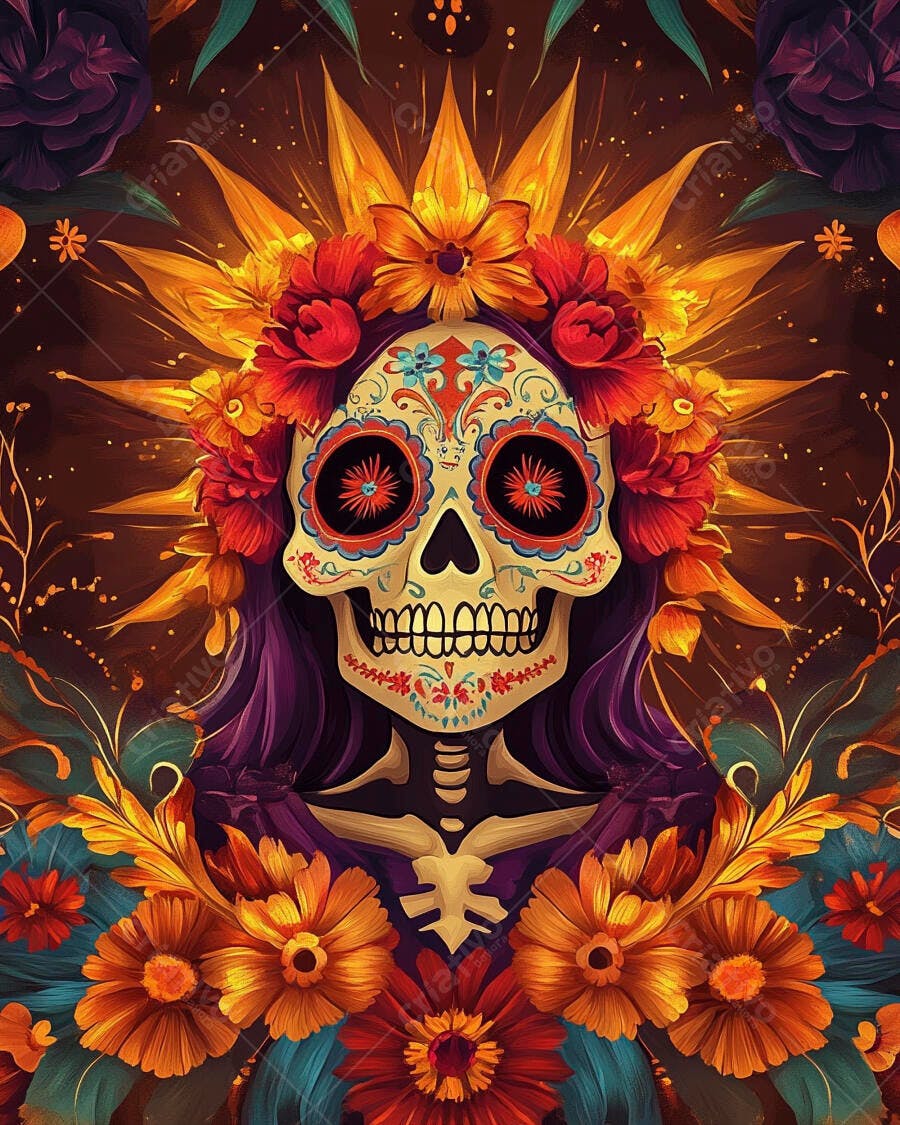 Caveira mexicana Catrina colorida com adorno floral e raios dourados