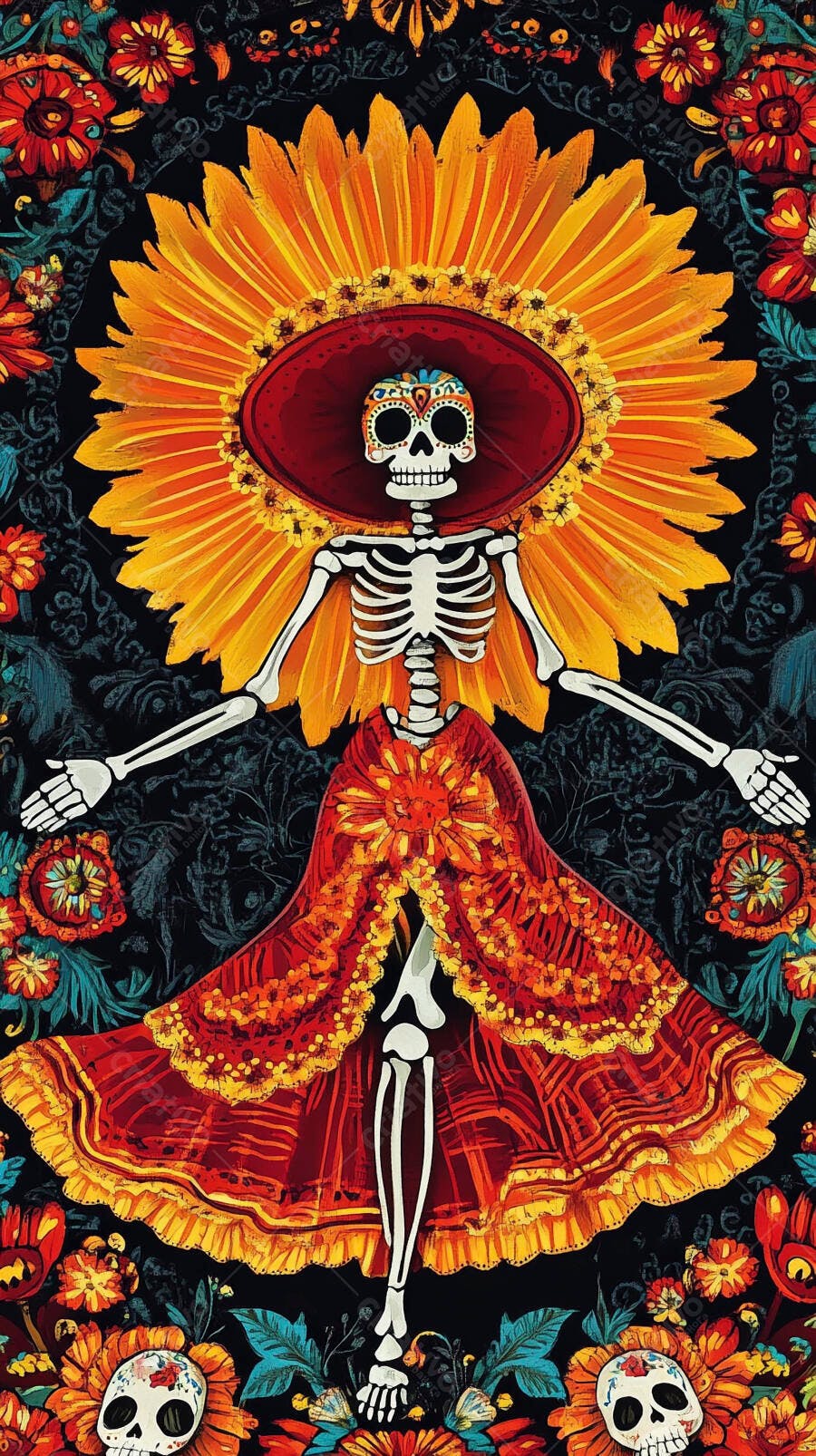 Esqueleto La Catrina festiva com chapéu de girassol e vestido floral