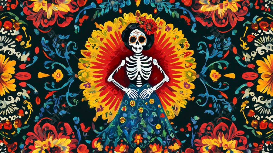 Caveira mexicana Catrina com vestido floral colorido Dia dos Mortos