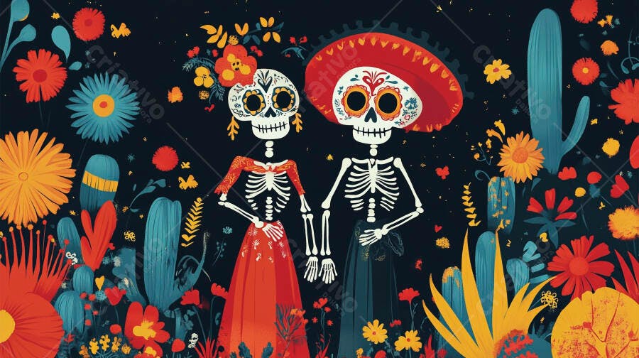 Casal de esqueletos Catrinas em jardim florido Dia de Muertos