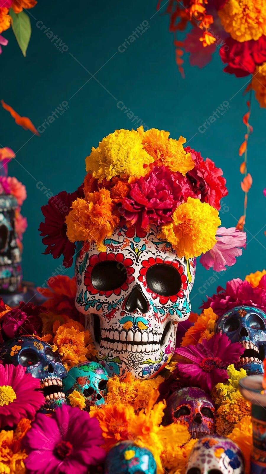 Calavera mexicana colorida com flores vibrantes para Dia dos Mortos em fundo azul turquesa